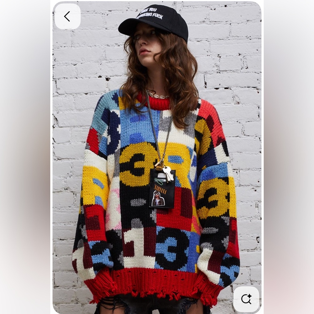 R13 Multicolor Intarsia Logo Chunky Sweater Sz S Oversized
